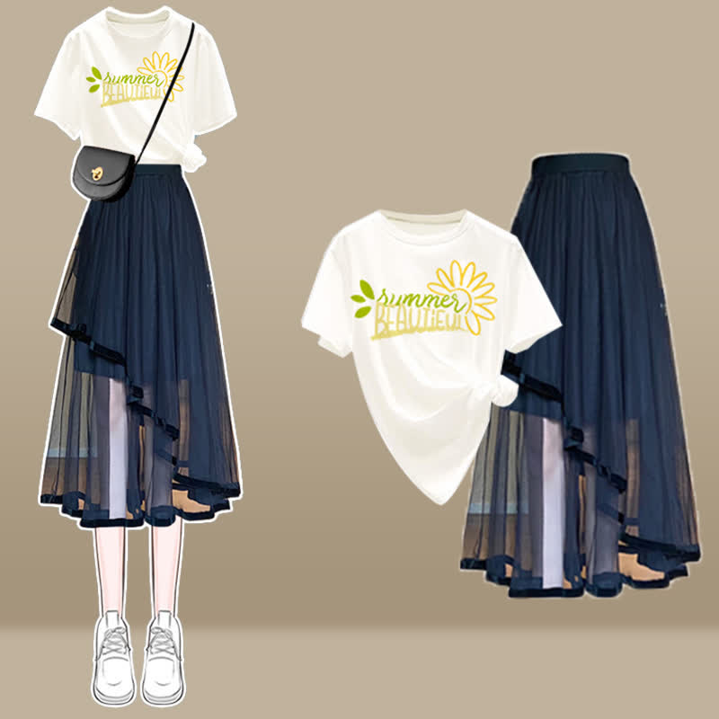 Cartoon Bow Print T-Shirt Irregular Tulle SKirt Set modakawa