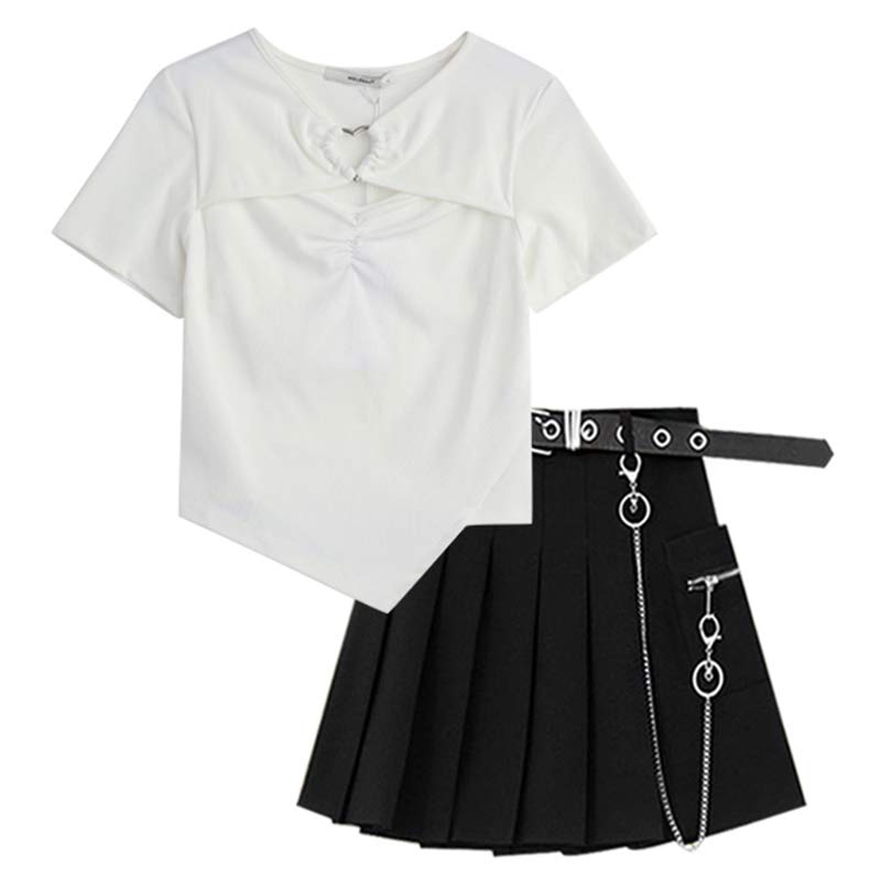 Casual T-Shirt Belted Chain Pleated Skirt Set Modakawa