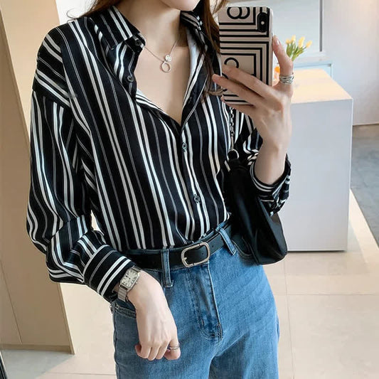 Stripe Print Long Sleeve Chiffon Shirt Workwear modakawa