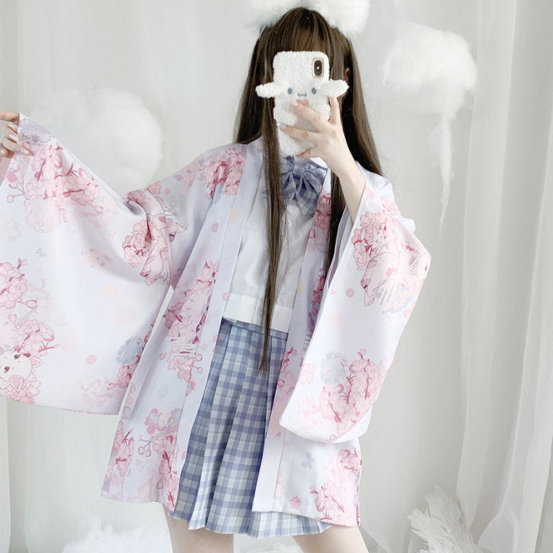 Cat Sakura Print Loose Cardigan Kimono Outerwear modakawa