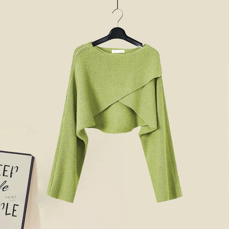 Green Cross Knit Crop Sweater A-line Slip Dress modakawa