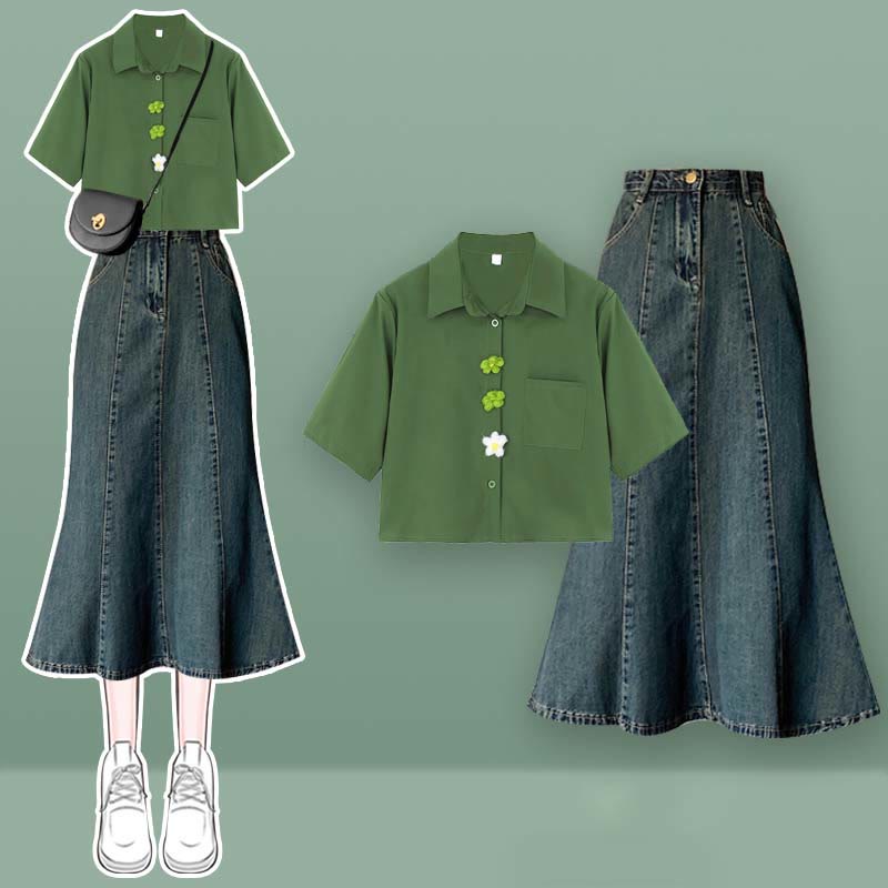 Bow Knot Butterfly Tulle Crop Top T-Shirt Fishtail Denim Skirt Set modakawa