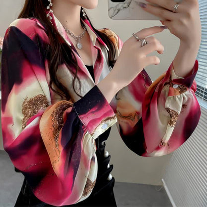 Fashion Colorblock Tie-dye Print Puff Sleeve Shirt modakawa