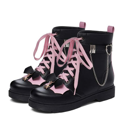 Pink Bow Knot Chain Lace-up Front Boots Modakawa