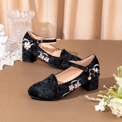 Retro Floral Embroidery Toe High Heel Shoes modakawa