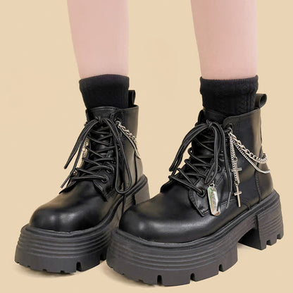 Cross Chain Decor Platform Round Toe Boots modakawa