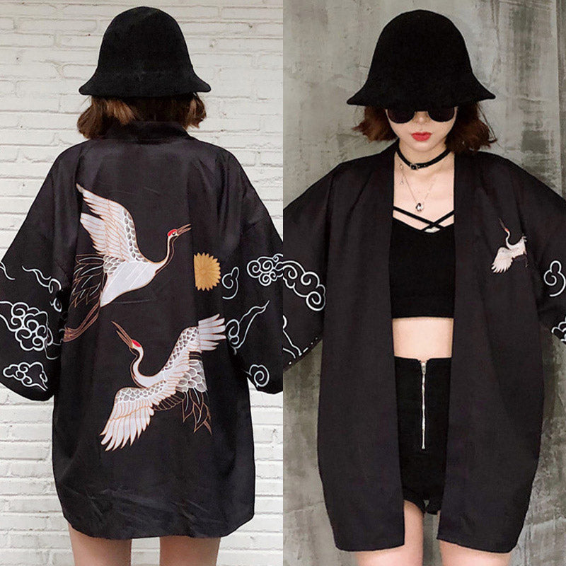 Vintage Crane Chinese Kimono Outerwear Sun Protective Modakawa