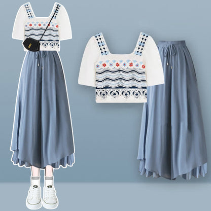 Sweet Boho Hollow Out Vest T-Shirt Blue Split Pantskirt modakawa