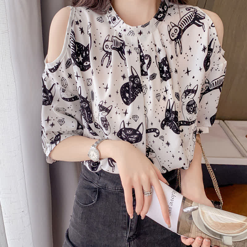 Kitty Print Cold Shouder Chiffon Shirt Casual Denim Shorts modakawa