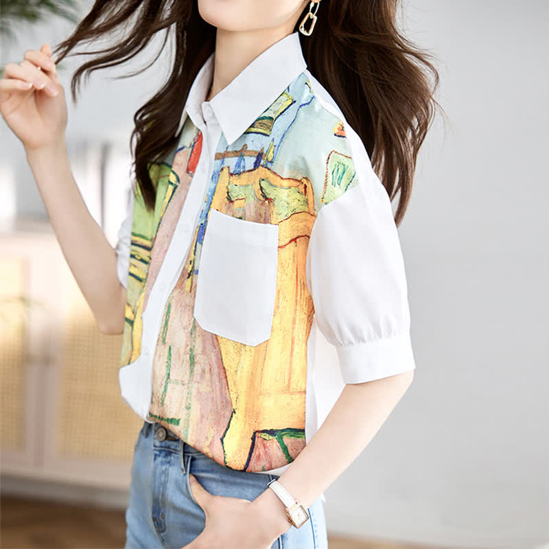 Colorblock Painting Print Pocket Lapel Shirt modakawa