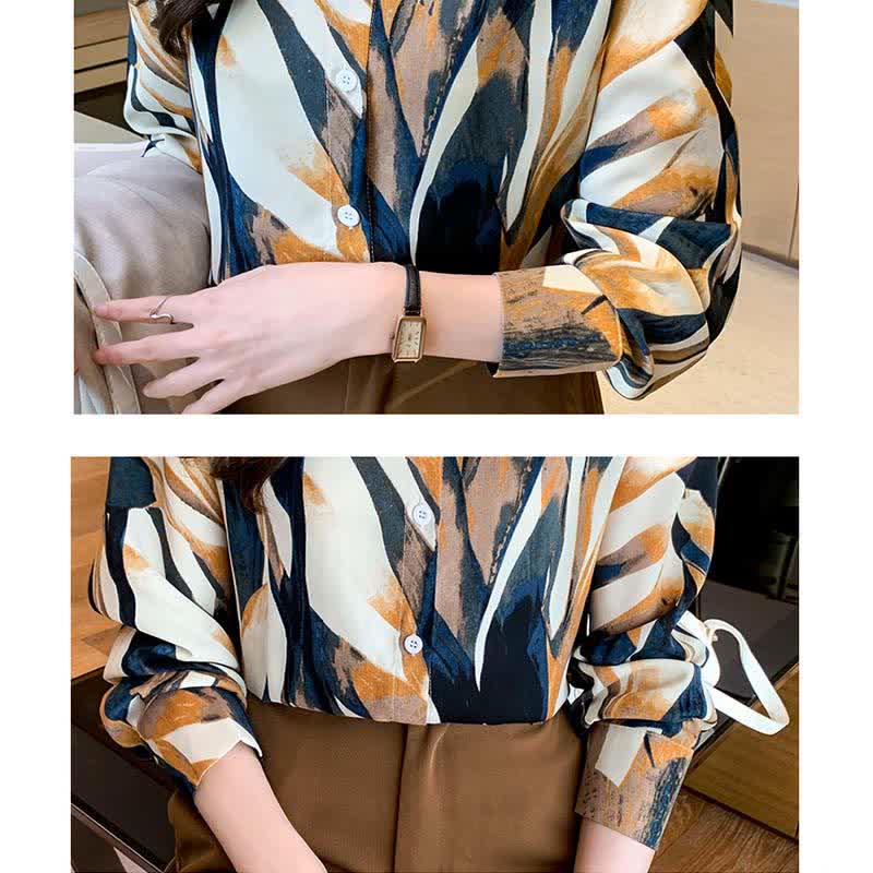 Elegant Colorblock Lapel Long Sleeve Chiffon Shirt modakawa