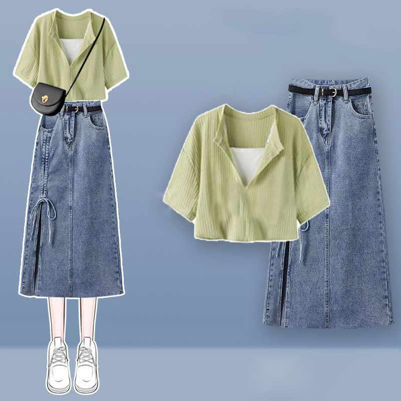 Fake Two Pieces Crop Top  T-Shirt Split Denim Skirt modakawa