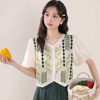 Green Graphic Embroidery Puff Sleeve T-Shirt High Waist Skirt modakawa