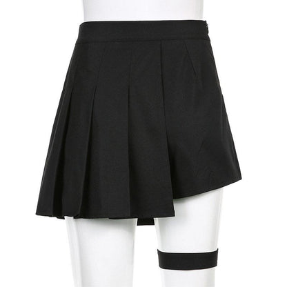 Y2K Buckle Leg Ring Mini Pleated Skirt Modakawa