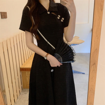 Elegant Black Lapel A-line Cheongsam Dress modakawa