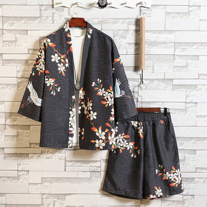 Floral Crane Sun Cardigan Kimono Outerwear Shorts Set Modakawa