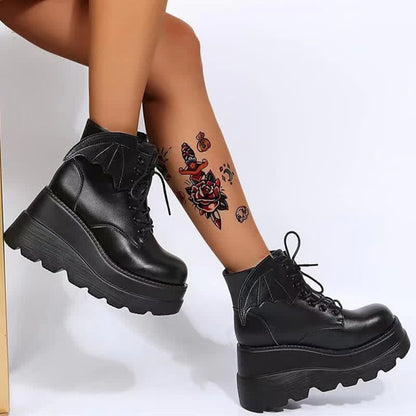 Black Punk Goth Wings Lace Up High Wedge Boots modakawa