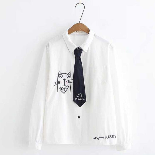 Cute Kitty Long Sleeve Necktie White Shirt Modakawa