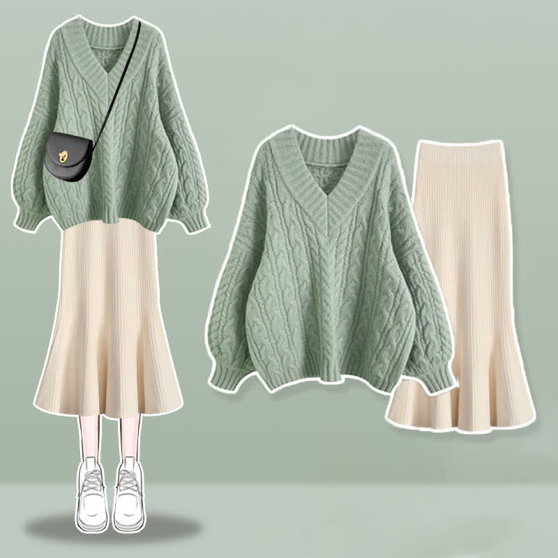 V-neck Cable Sweater Fishtail Skirt Set modakawa