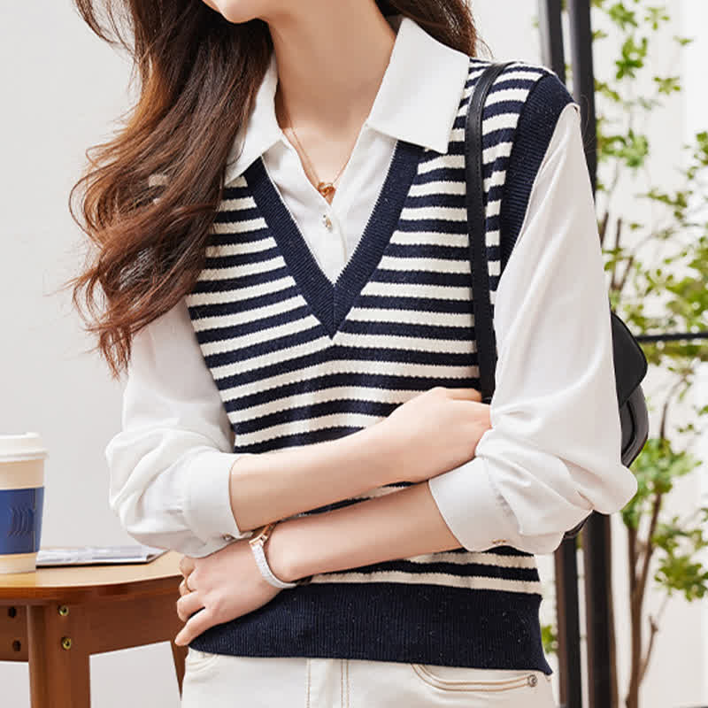 Stripe Fake Two Pieces Knit White Lapel Shirt SpreePicky