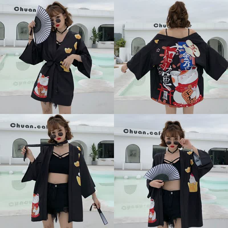 Lucky Cat Letter Print Cardigan Kimono Outerwear modakawa