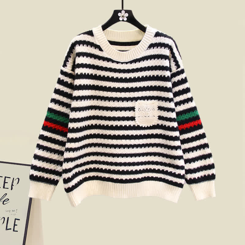 Stripe Colorblock Knit Sweater Slip Dress Set modakawa