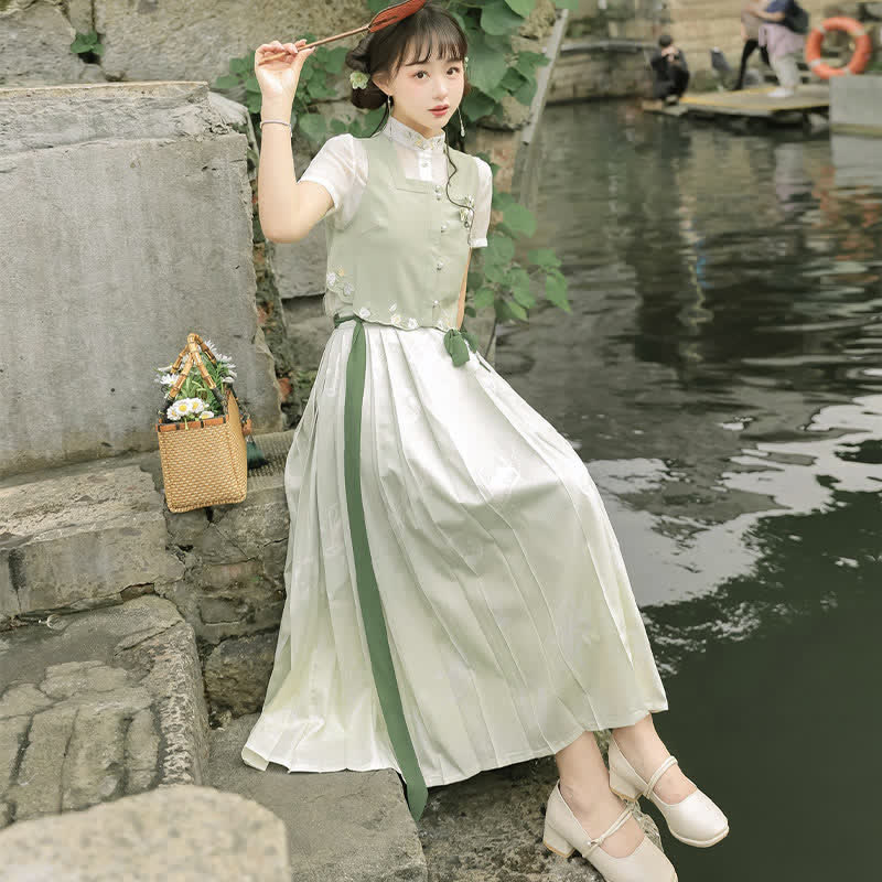 Vintage Vest Chiffon T-Shirt Pleated Skirt modakawa