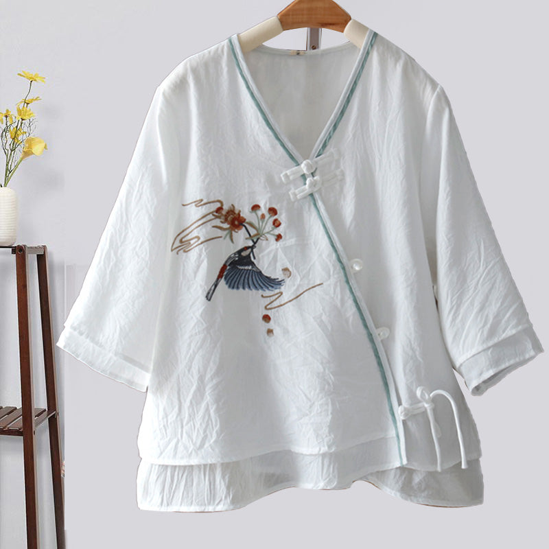 Vintage Bird Embroidery Buckle Shirt Modakawa