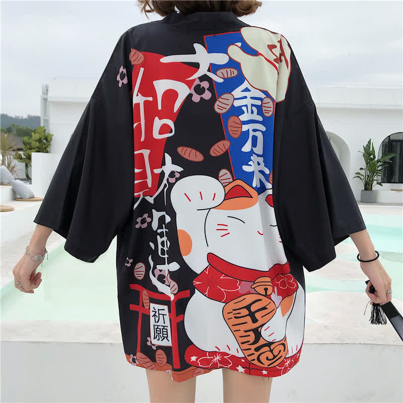 Lucky Cat Letter Print Cardigan Kimono Outerwear modakawa