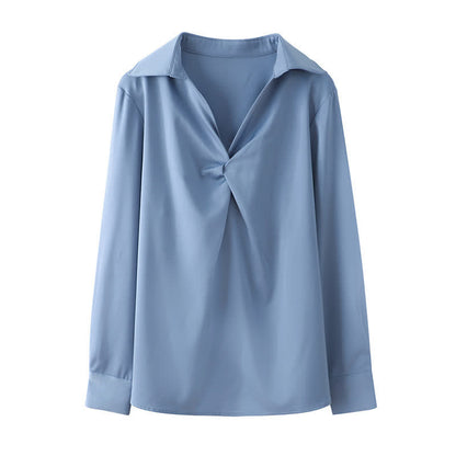 Elegant Pure Color Ruffled Satin Shirt Workwear modakawa