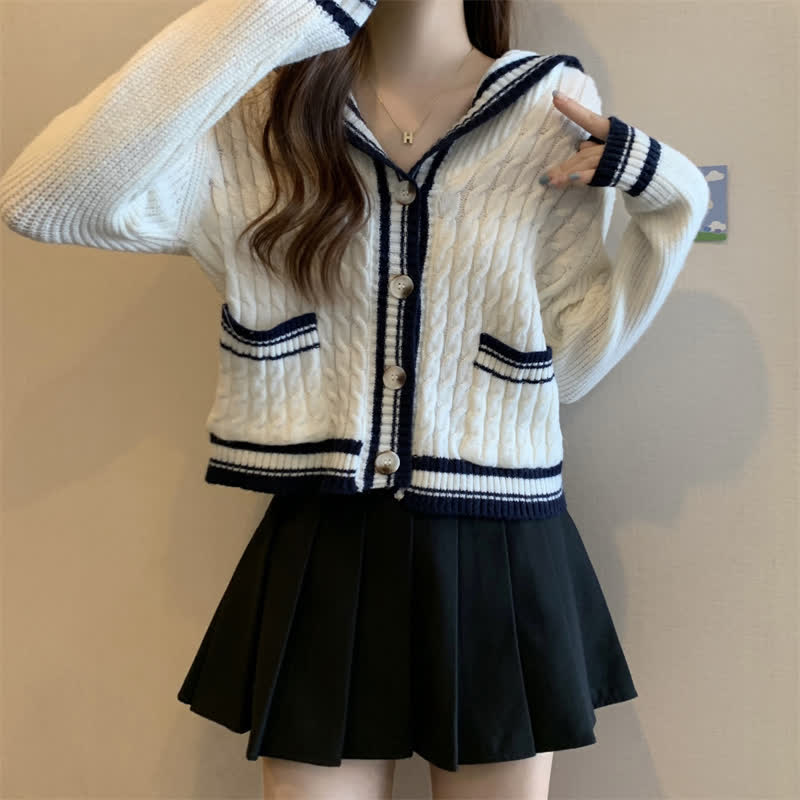 Sailor Collar Cable Sweater Casual Pants Pleated Skirt Set Modakawa