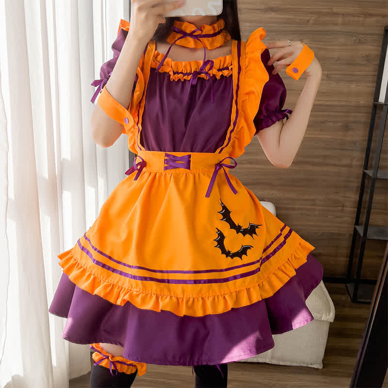 Cute Bat Embroidery Lace Up Ruffled Maid Dress Modakawa