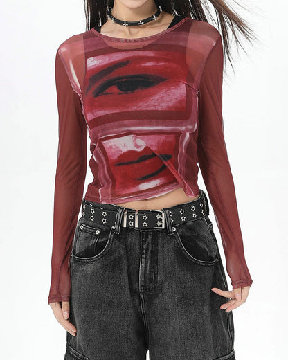 Eye and Lips Print Mesh Red Top SpreePicky