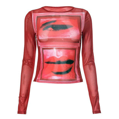 Eye and Lips Print Mesh Red Top SpreePicky