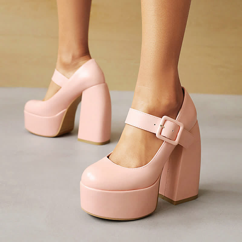 Pure Color Chunk High Heel Mary Janes Shoes modakawa