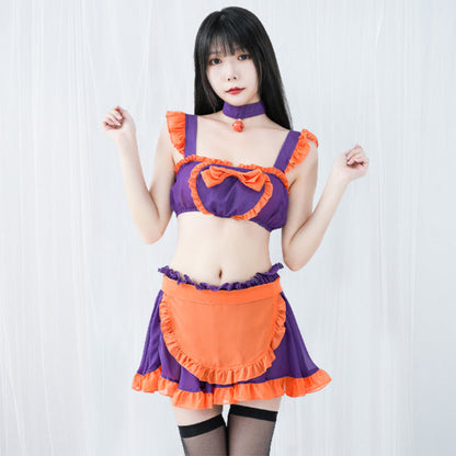 Pumpkin Bell Bow Decor Chiffon Maid Lingerie Set Modakawa