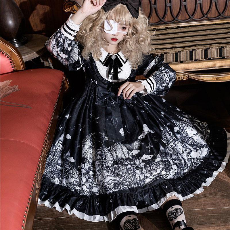 Y2K Gothic Print Bow Ruffle Doll Collar Lolita Dress Modakawa