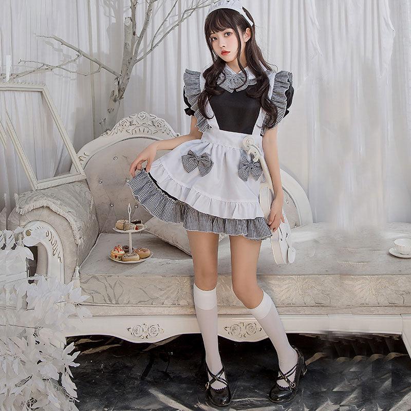 Kawaii Plaid Bow Tie Lolita Maid Ruffle Costume Dress Modakawa