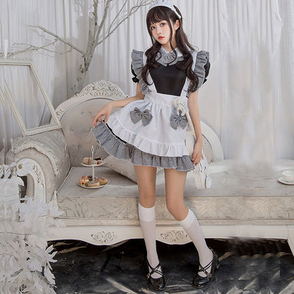 Kawaii Plaid Bow Tie Lolita Maid Ruffle Costume Dress Modakawa