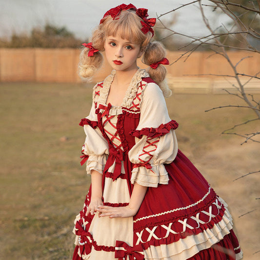 Red Bow Knot Decor Lace Up Lolita Dress modakawa