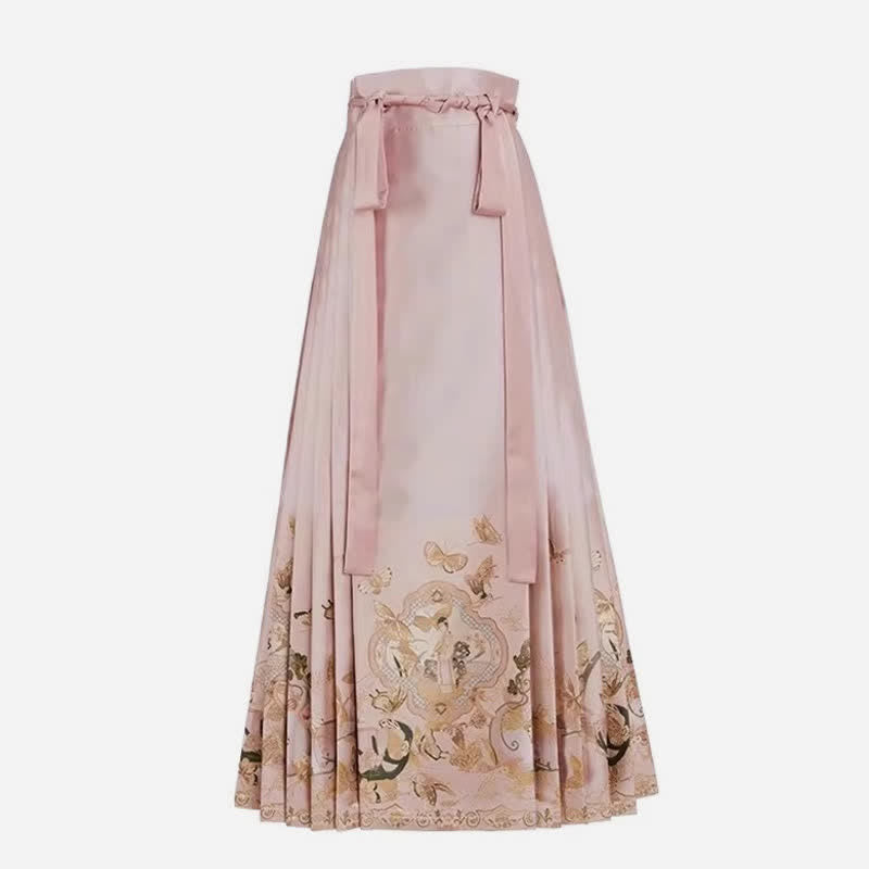 Pink Floral Embroidery Coat High Waist Pleated Skirt Modakawa