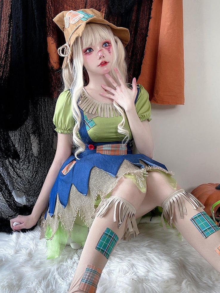 Halloween Green Blouse and Blue Dress Scarecrow Costume mySite