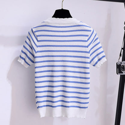 Blue Stripe Knitted T-Shirt High Waist Denim Skirt modakawa