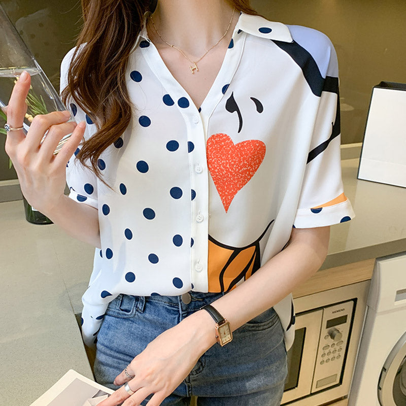 Heart Polka Dots Print Blouse Workwear modakawa