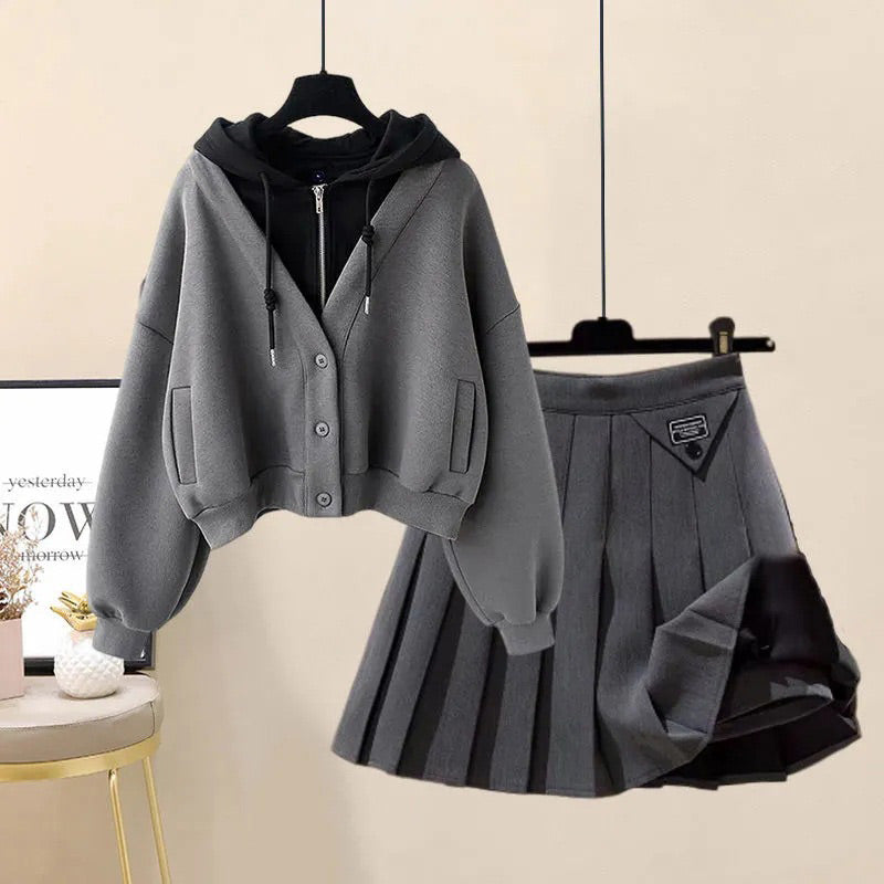 Casual Pocket Hoodie Pleated Skirt Set Modakawa