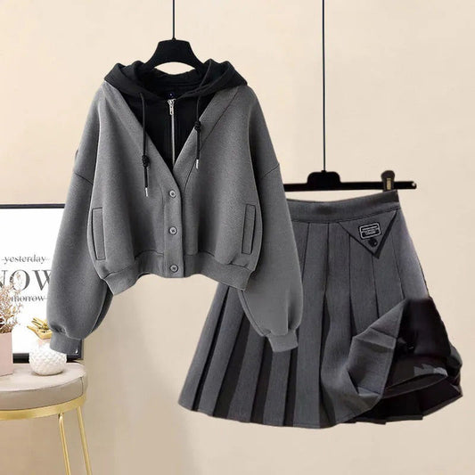 Colorblock Pocket Hoodie Pleated Skirt Set Modakawa