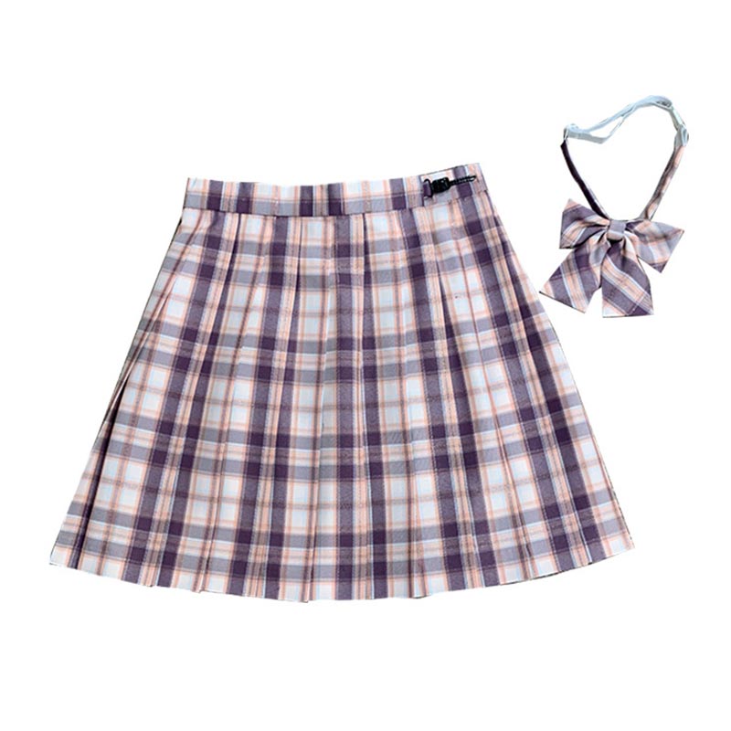 Plaid Print Pleated Skirt Bow Tie Set Modakawa