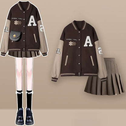 Brown Letter Baseball Jacket Pleated Skirt Set modakawa