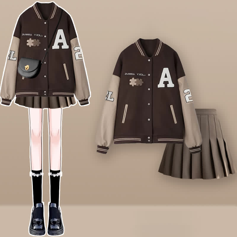 Letter Embroidery Baseball Jacket Pleated Skirt Set modakawa