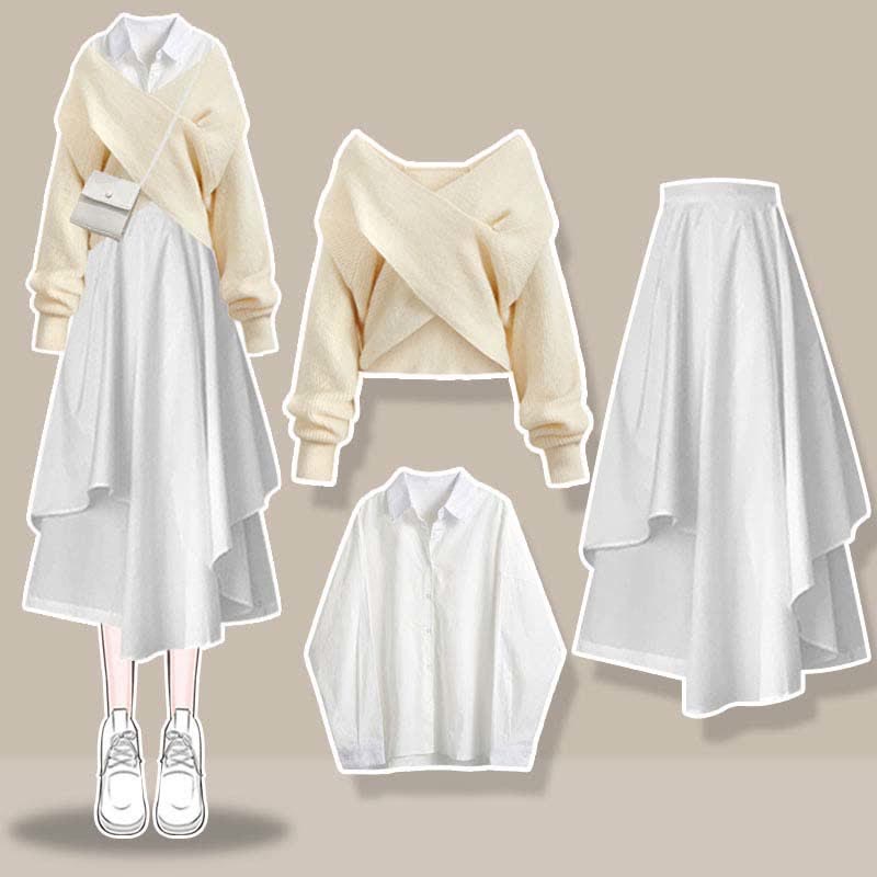 Sweet Cross Knit Sweater Lapel Shirt Irregular Skirt Set modakawa